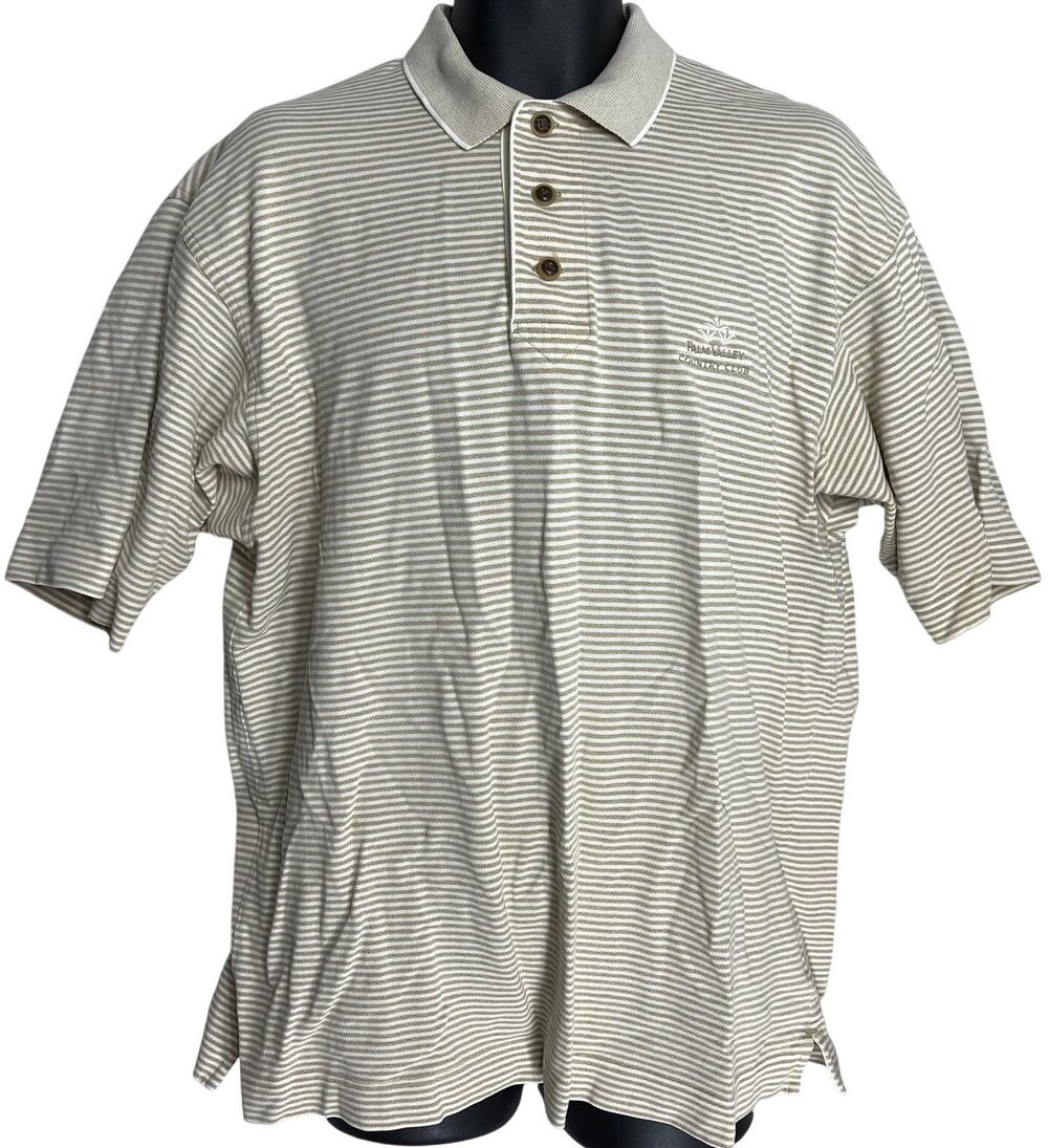 Palm Valley Country Club Golf Polo Shirt Size L Tan White Cotton Striped Preppy